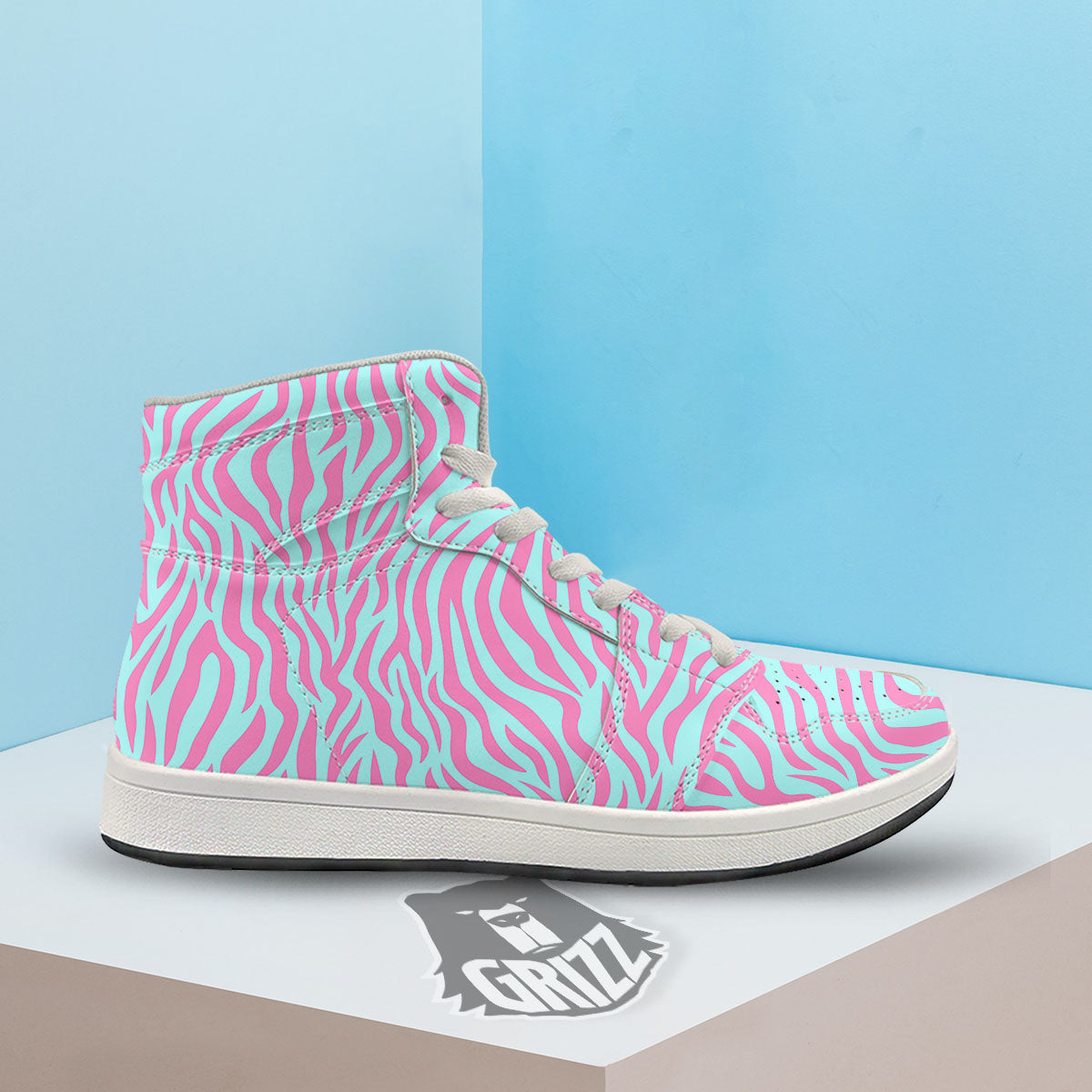 Zebra Stripes Blue And Pink Print High Top Sneakers-grizzshop