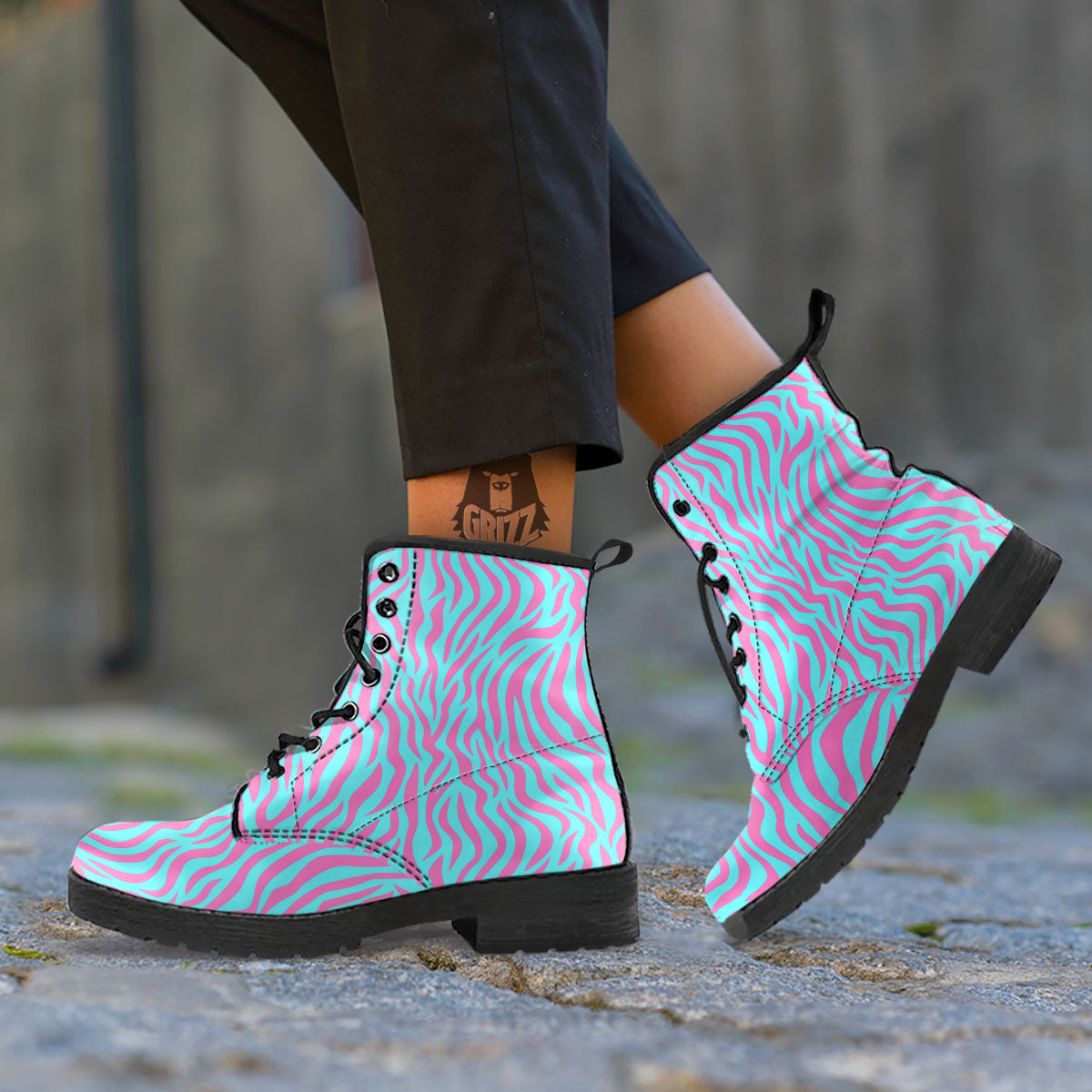 Zebra Stripes Blue And Pink Print Leather Boots-grizzshop