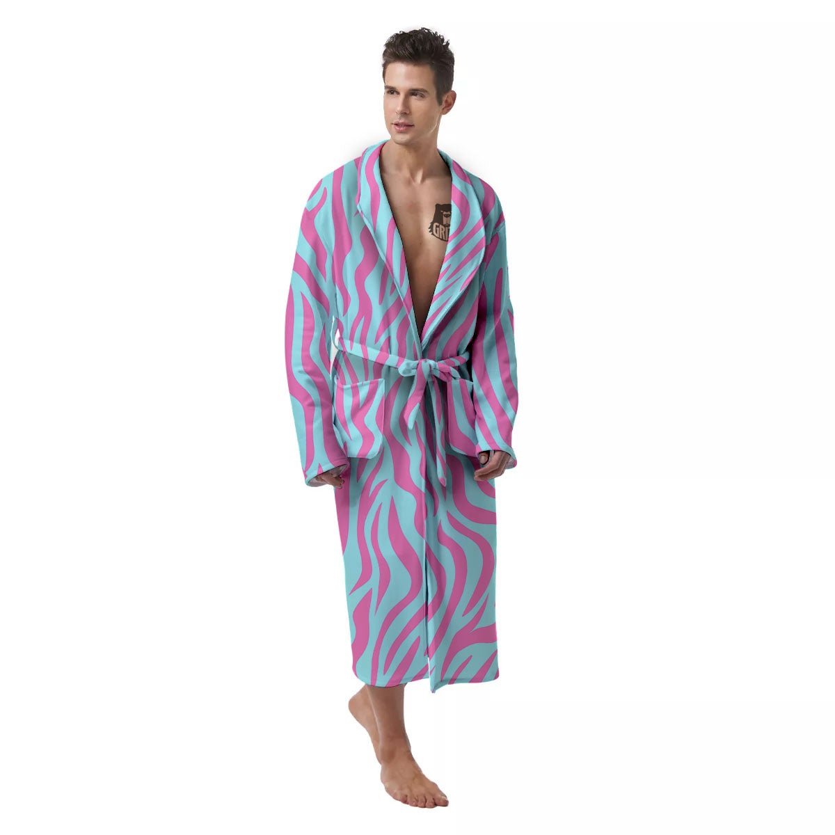 Zebra Stripes Blue And Pink Print Men's Robe-grizzshop