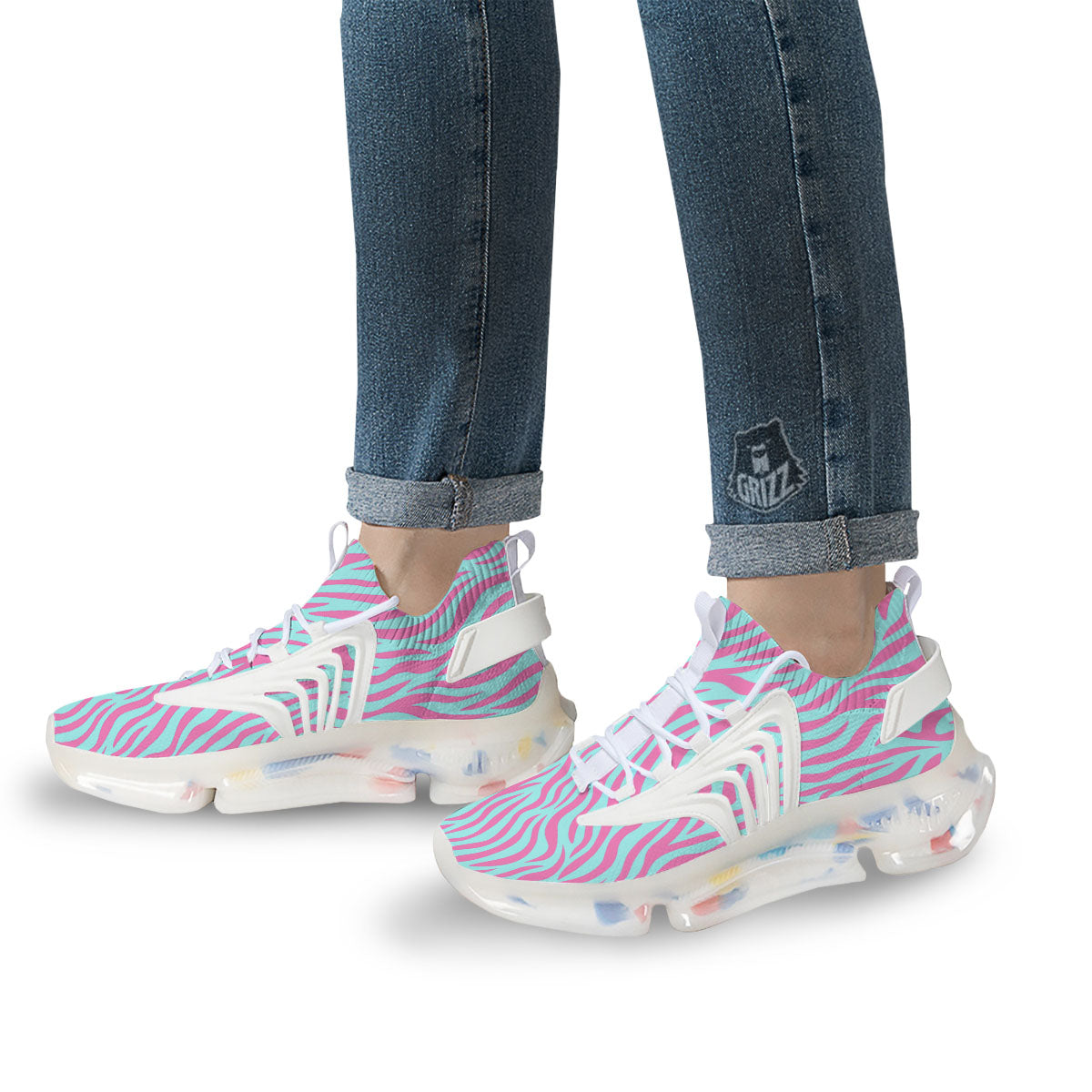 Zebra Stripes Blue And Pink Print White Gym Shoes-grizzshop