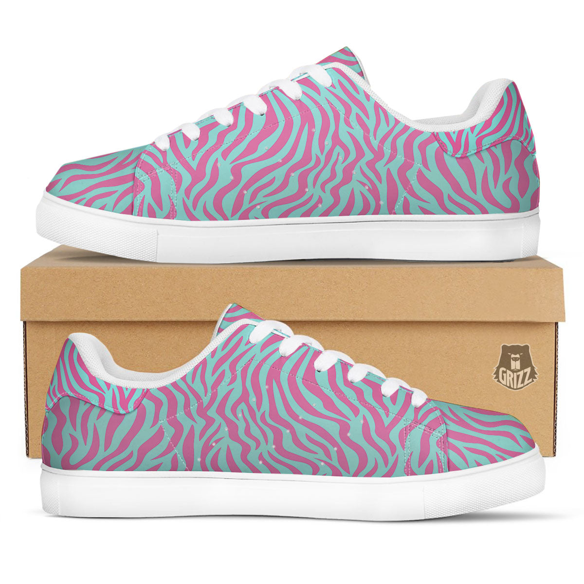 Zebra Stripes Blue And Pink Print White Low Top Sneakers-grizzshop