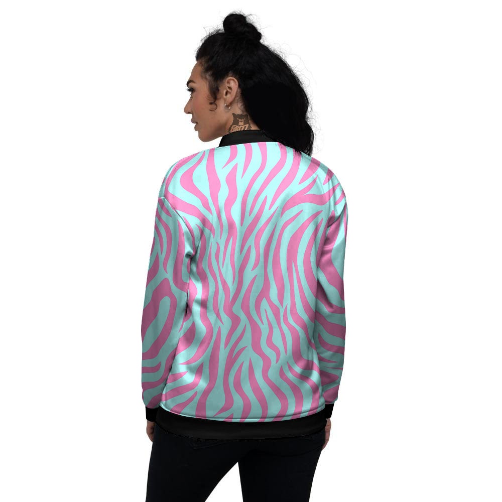 Zebra Stripes Blue And Pink Print Women's Bomber Jacket-grizzshop