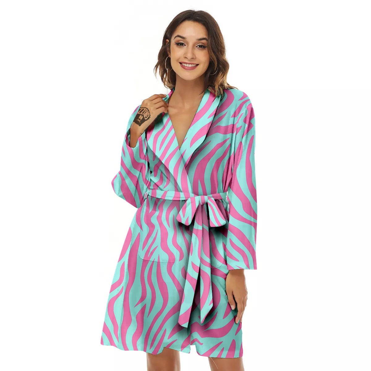 Zebra Stripes Blue And Pink Print Women's Robe-grizzshop