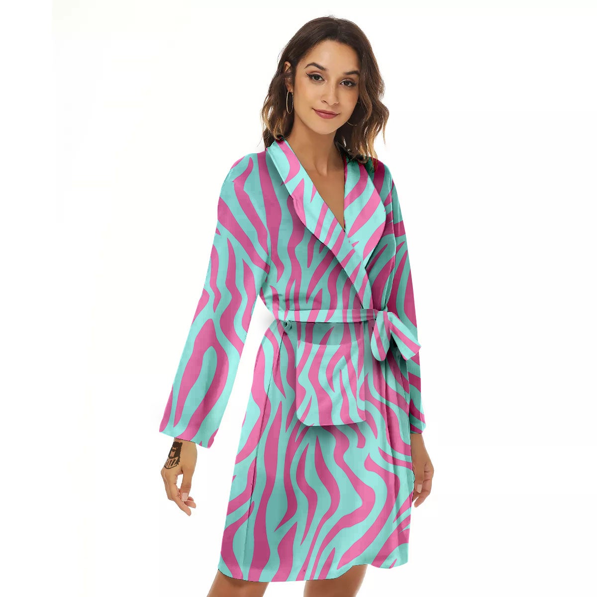 Zebra Stripes Blue And Pink Print Women's Robe-grizzshop