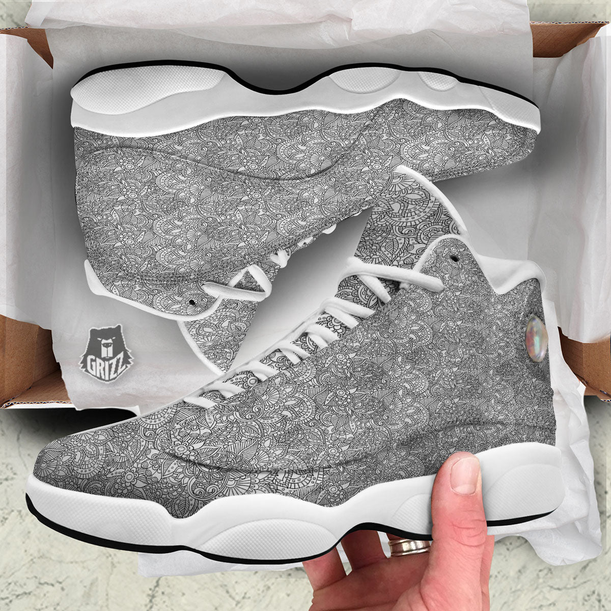Zentangle Ethnic Print Pattern White Basketball Shoes-grizzshop
