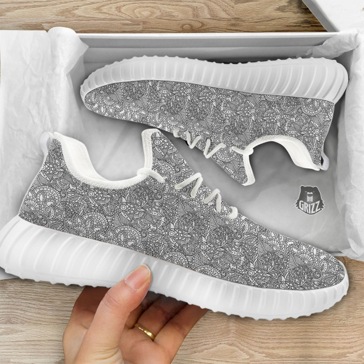 Zentangle Ethnic Print Pattern White Walking Shoes-grizzshop