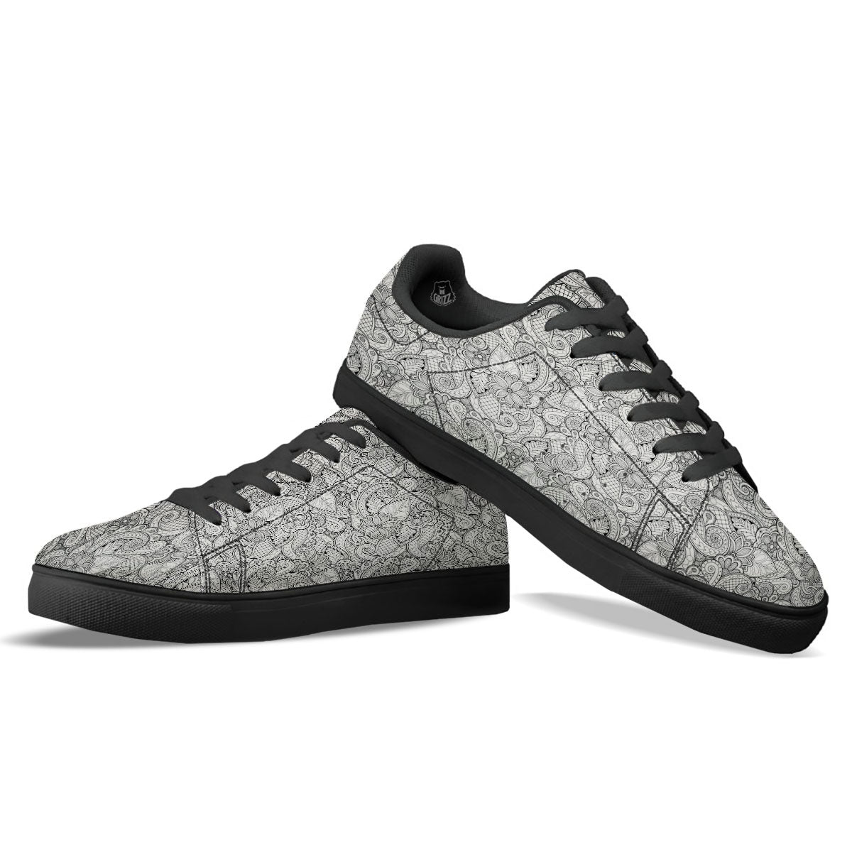 Zentangle Monochrome Print Pattern Black Low Top Sneakers-grizzshop