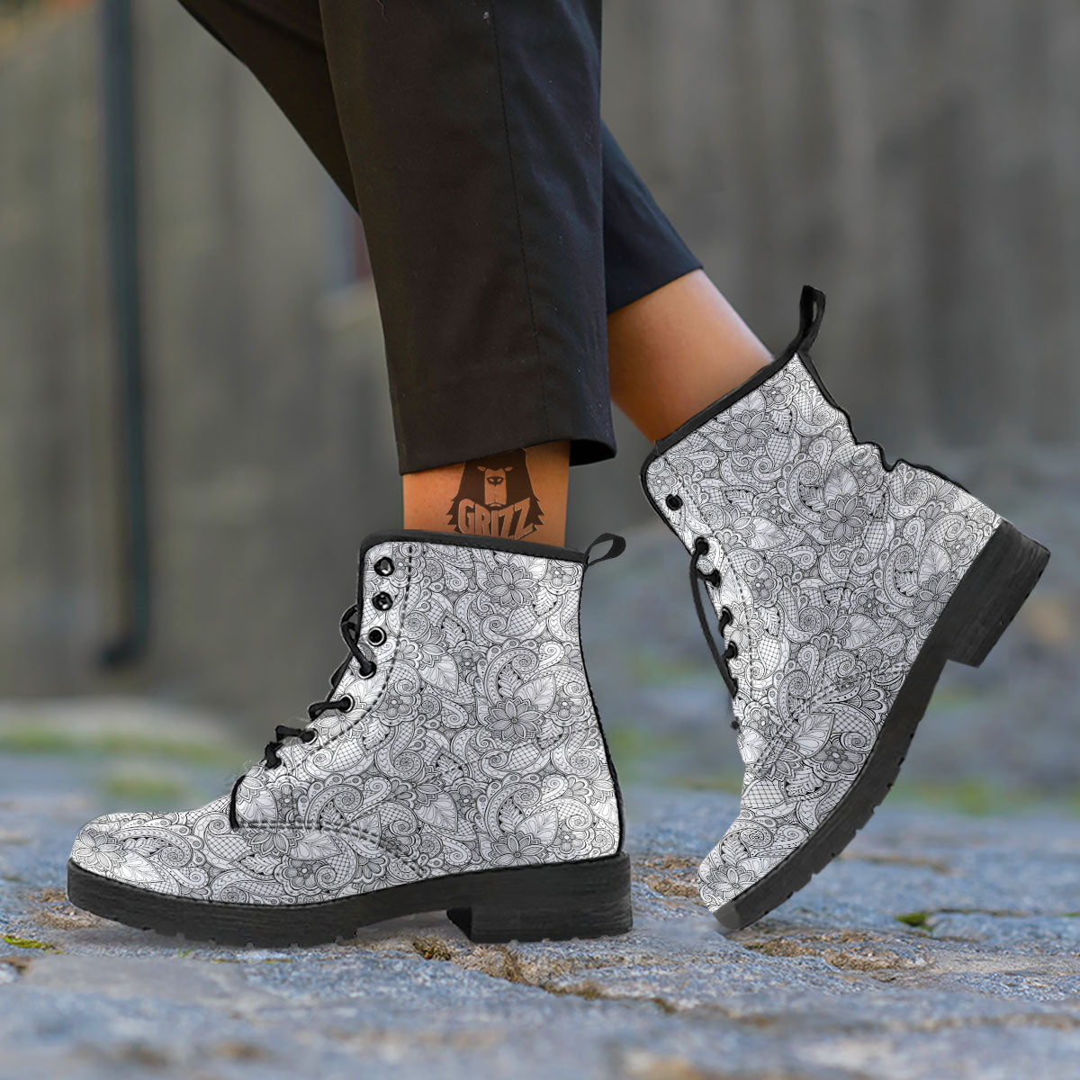 Zentangle Monochrome Print Pattern Leather Boots-grizzshop