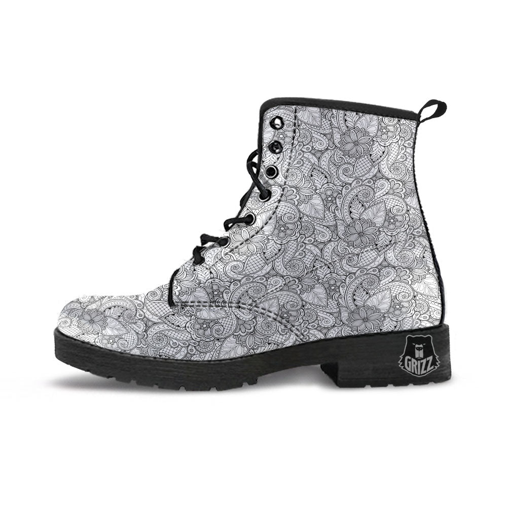 Zentangle Monochrome Print Pattern Leather Boots-grizzshop