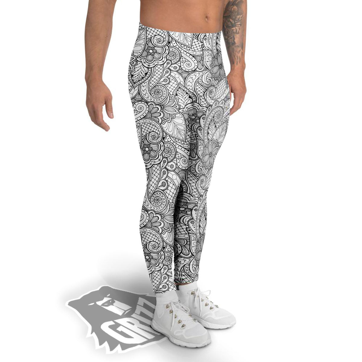 Zentangle Monochrome Print Pattern Men's Leggings-grizzshop