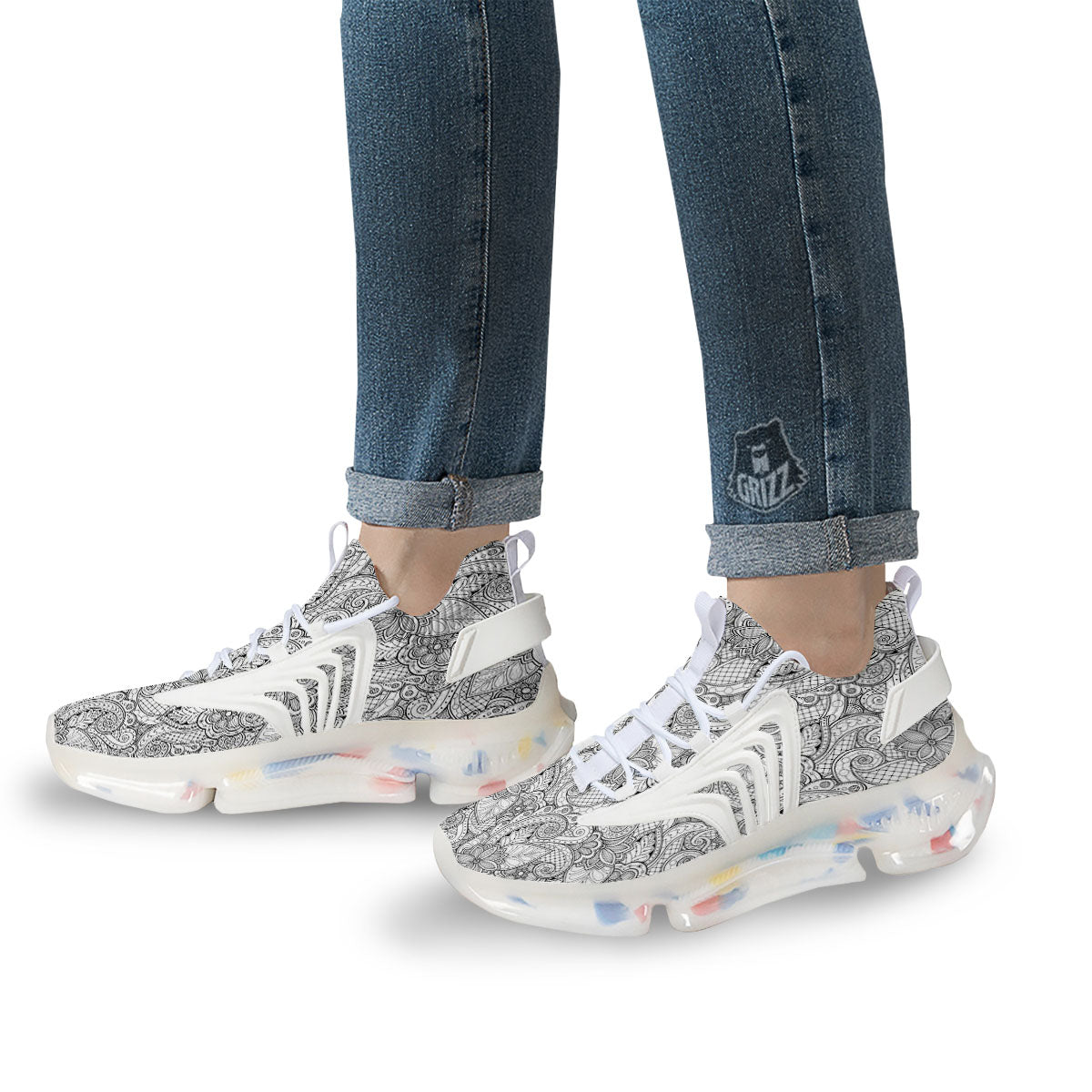 Zentangle Monochrome Print Pattern White Gym Shoes-grizzshop