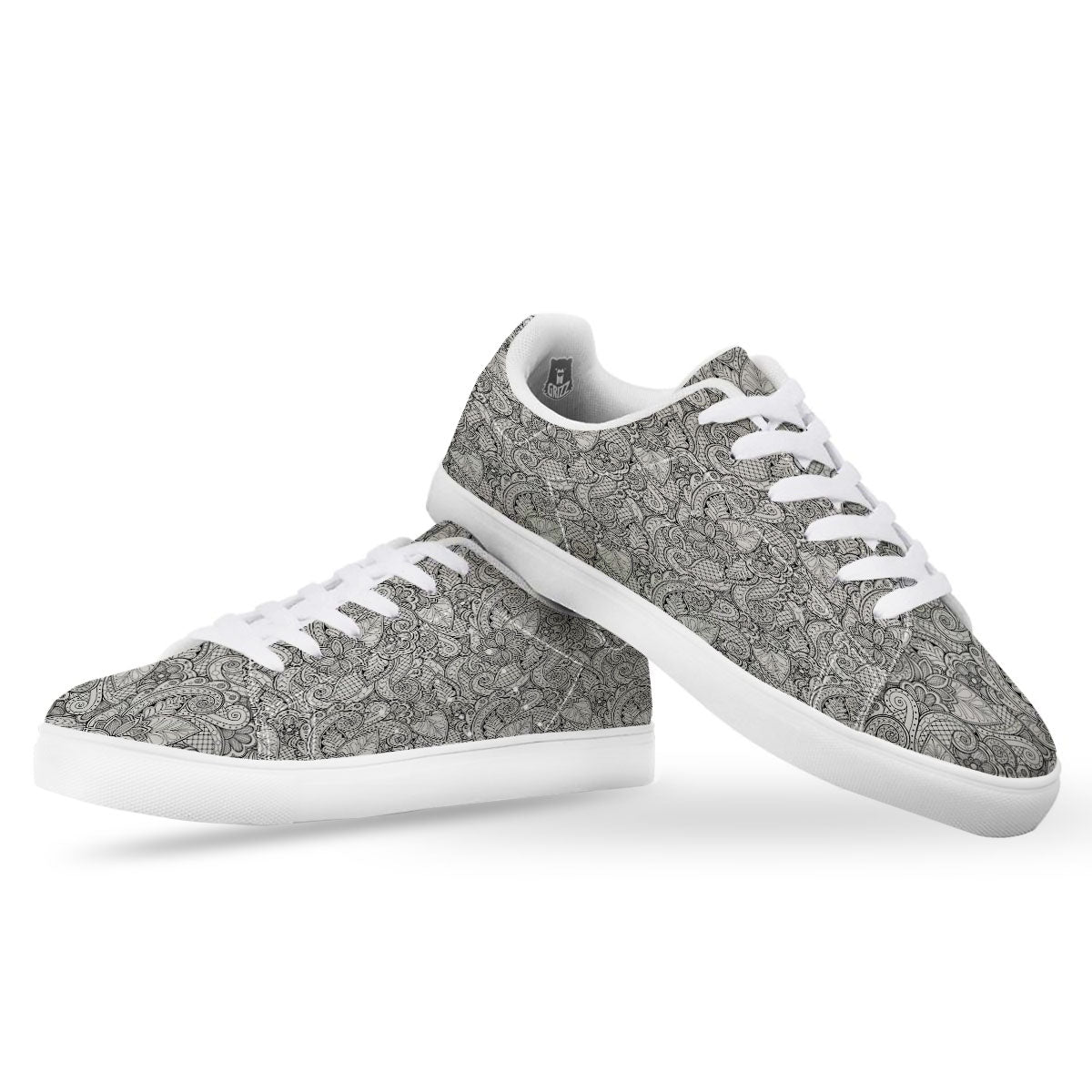 Zentangle Monochrome Print Pattern White Low Top Sneakers-grizzshop