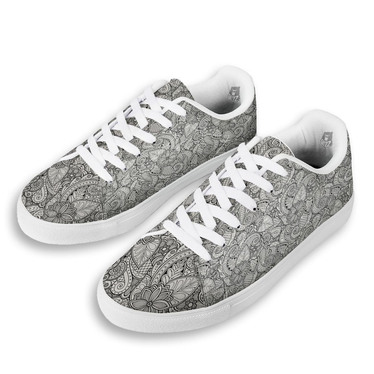 Zentangle Monochrome Print Pattern White Low Top Sneakers-grizzshop