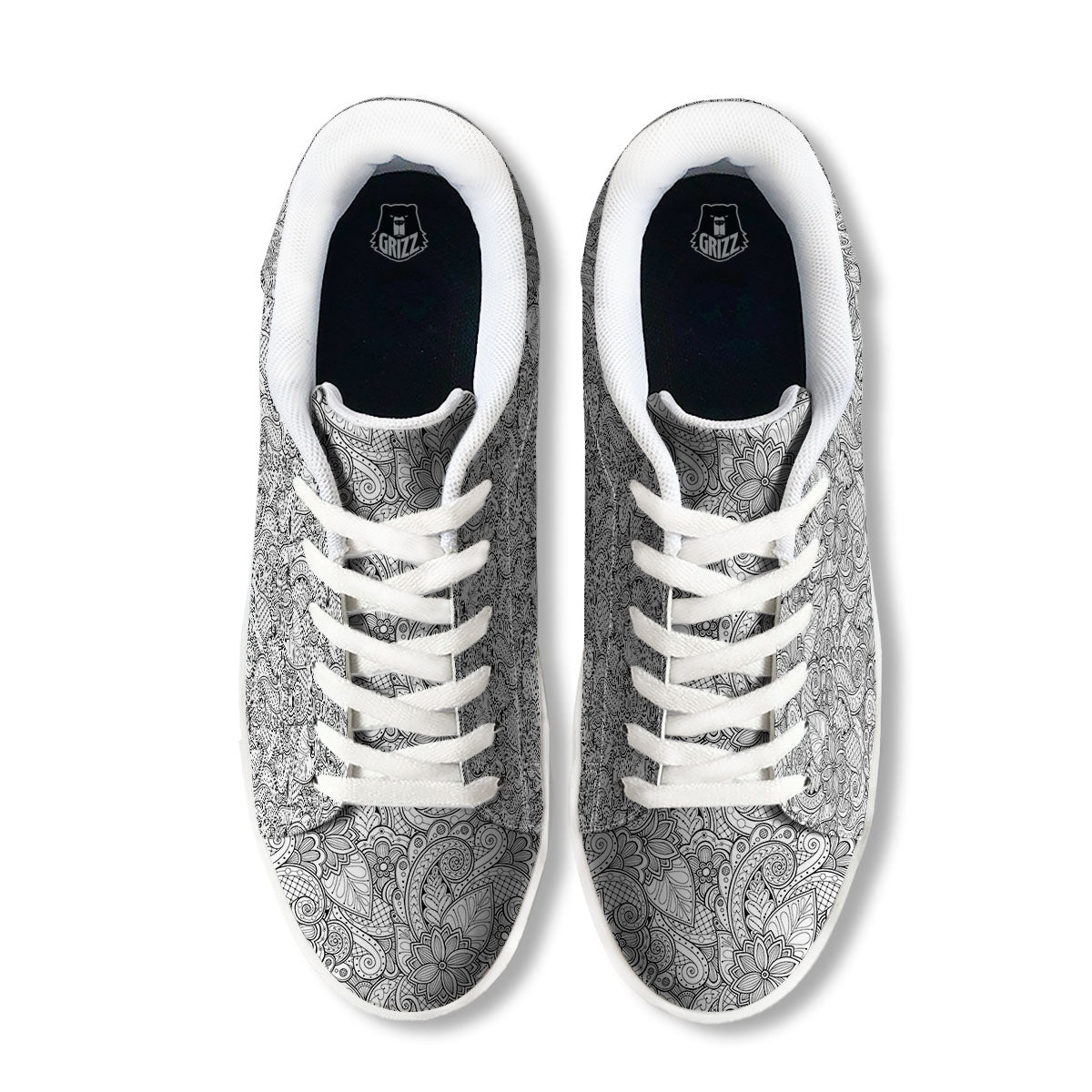 Zentangle Monochrome Print Pattern White Low Top Sneakers-grizzshop