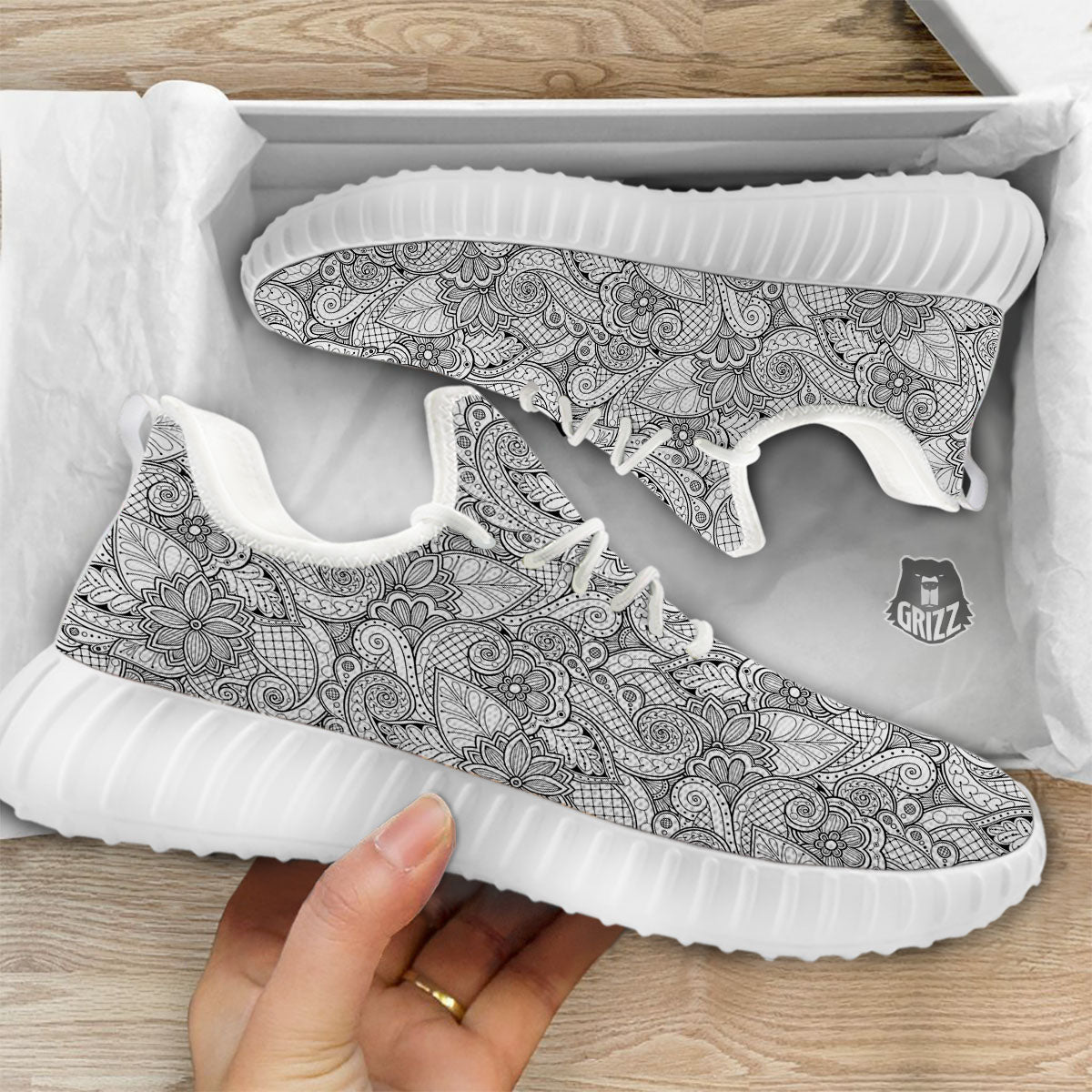 Zentangle Monochrome Print Pattern White Walking Shoes-grizzshop