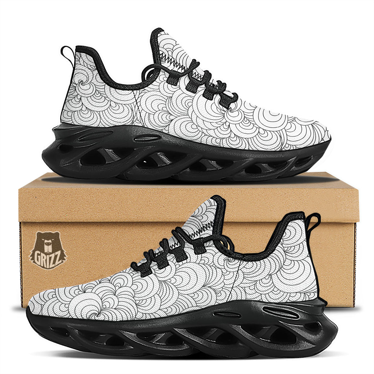 Zentangle White And Black Print Pattern Black Running Shoes-grizzshop
