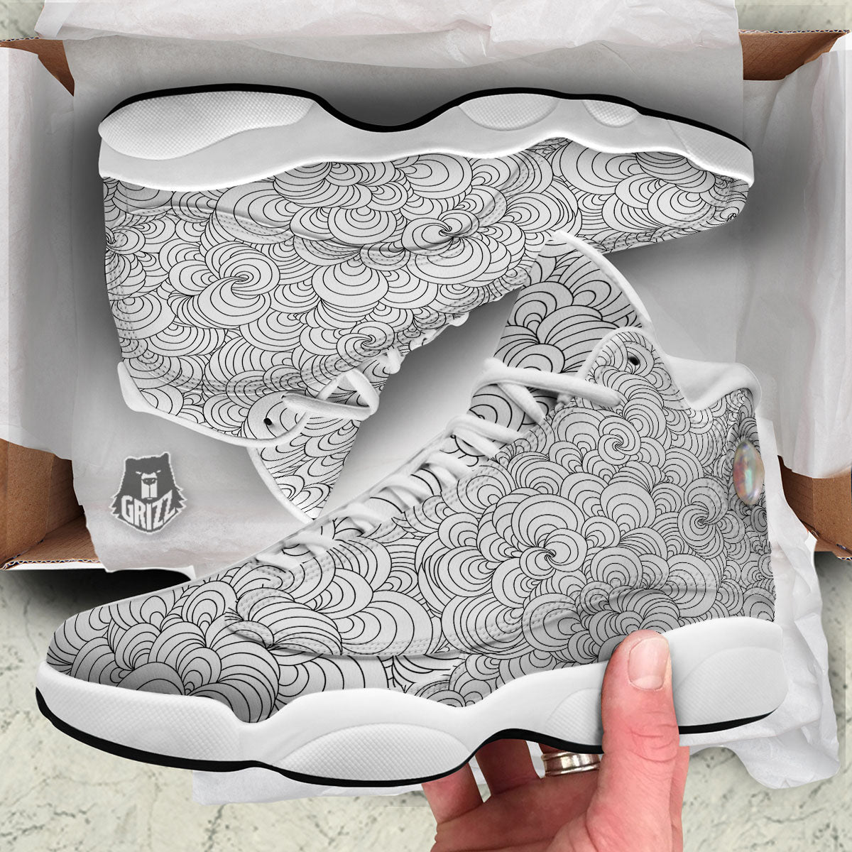 Zentangle White And Black Print Pattern White Basketball Shoes-grizzshop