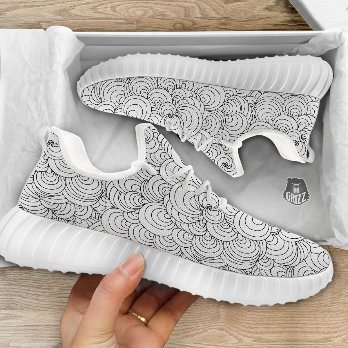 Zentangle White And Black Print Pattern White Walking Shoes-grizzshop