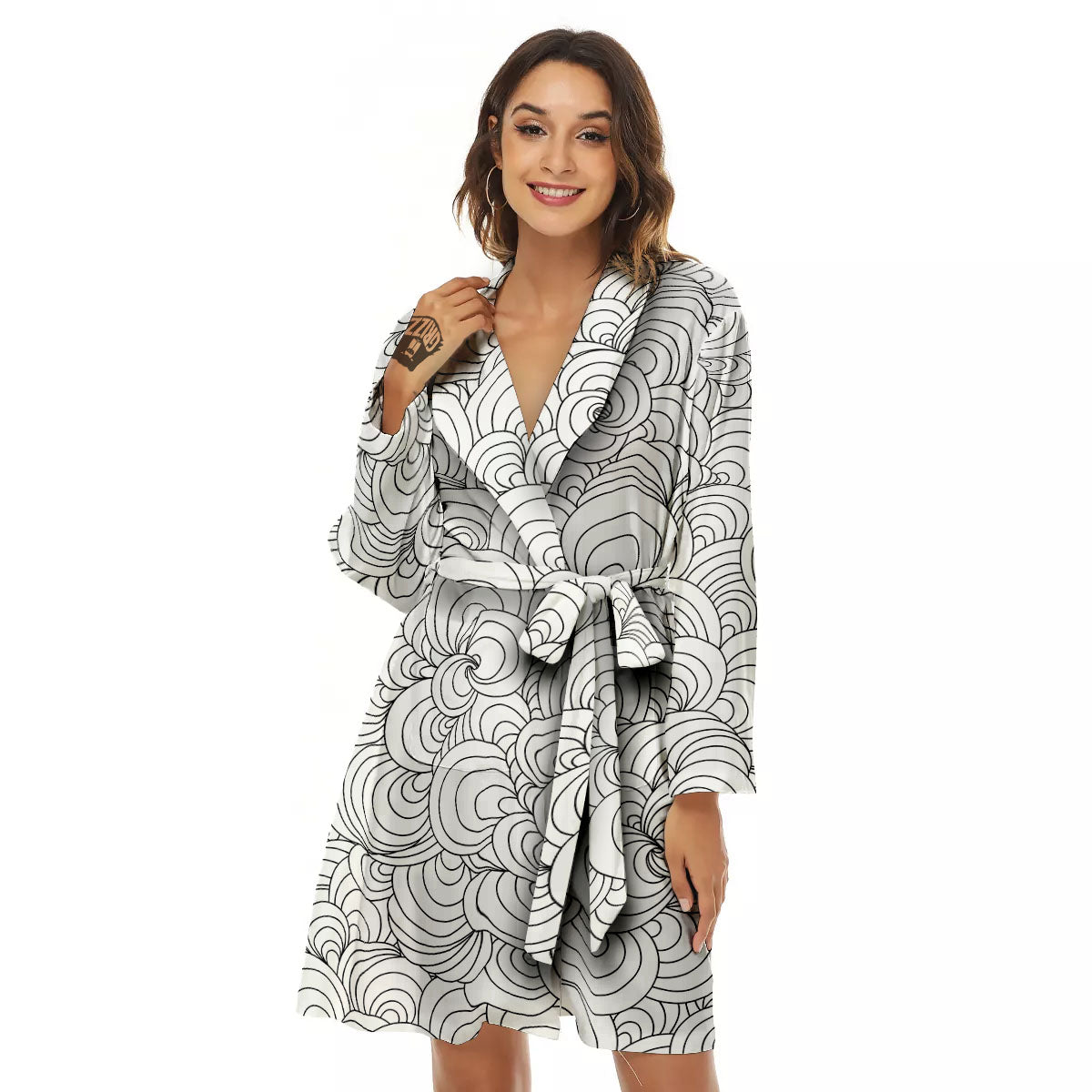 Zentangle White And Black Print Pattern Women's Robe-grizzshop