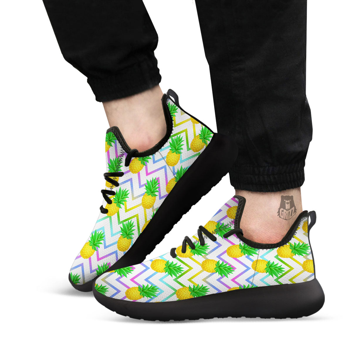 Zig Zag Neon Pineapple Print Pattern Black Athletic Shoes-grizzshop