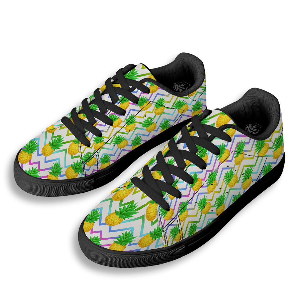 Zig Zag Neon Pineapple Print Pattern Black Low Top Sneakers-grizzshop