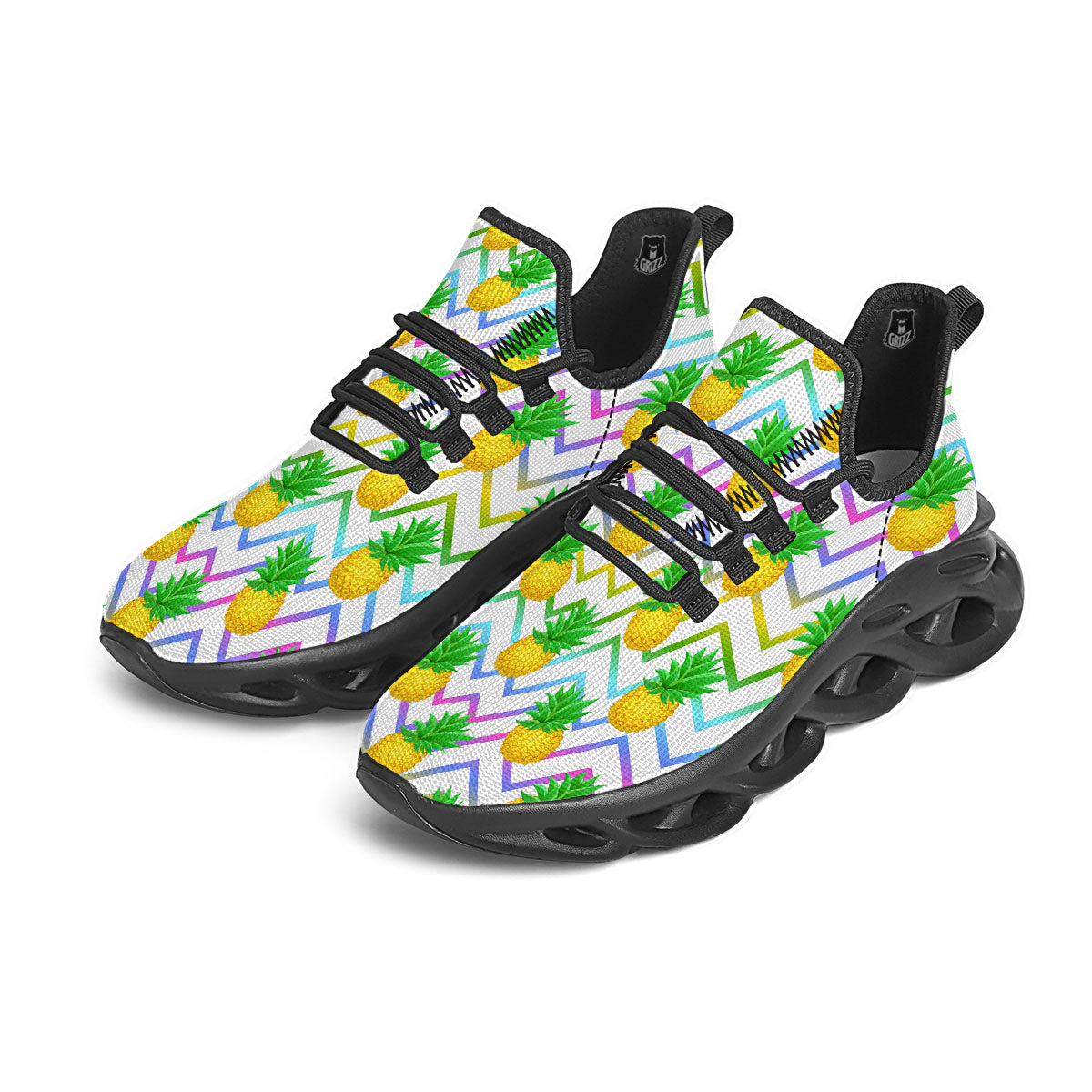 Zig Zag Neon Pineapple Print Pattern Black Running Shoes-grizzshop
