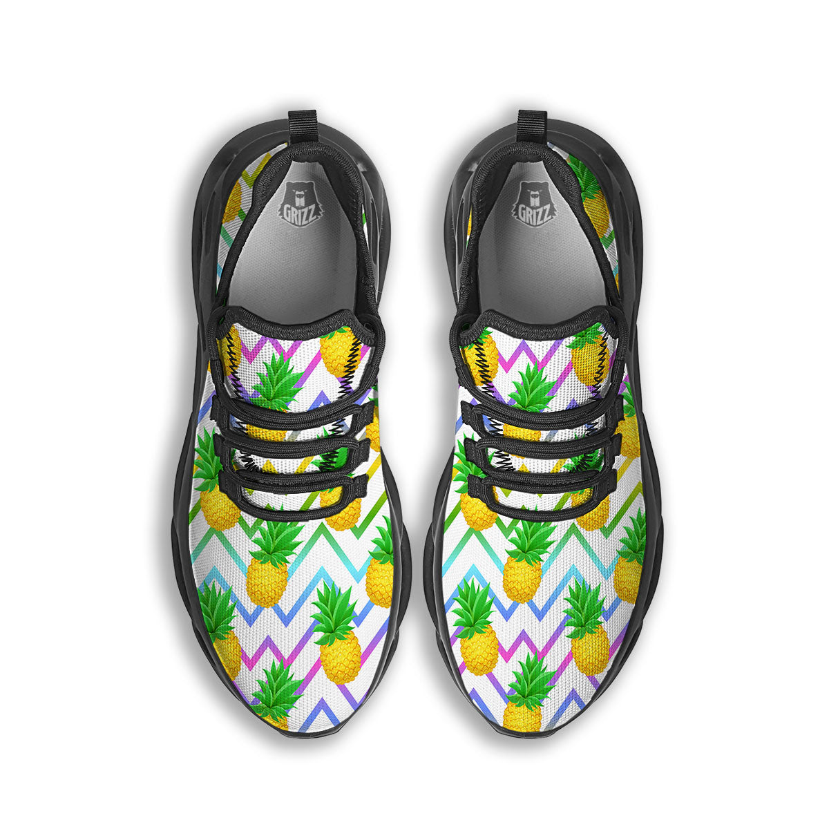 Zig Zag Neon Pineapple Print Pattern Black Running Shoes-grizzshop
