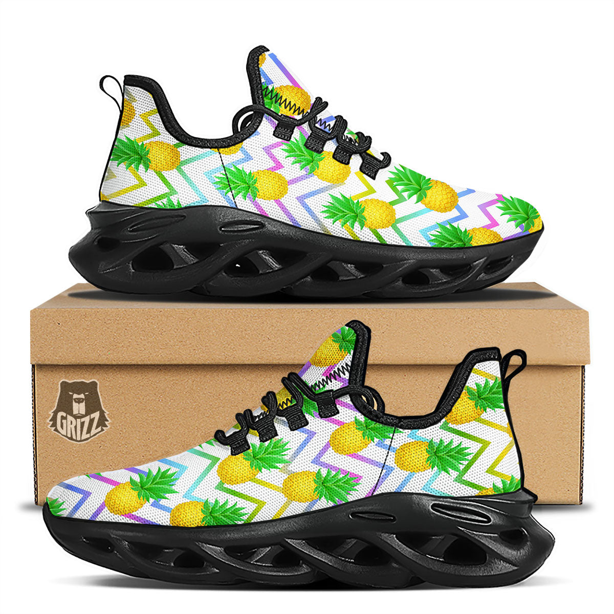 Zig Zag Neon Pineapple Print Pattern Black Running Shoes-grizzshop