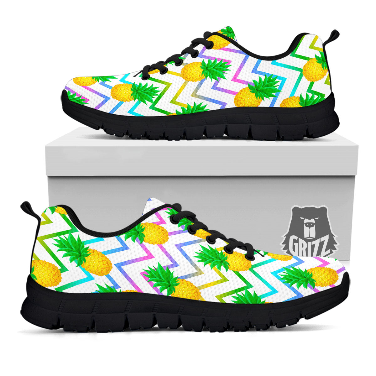 Zig Zag Neon Pineapple Print Pattern Black Sneaker-grizzshop