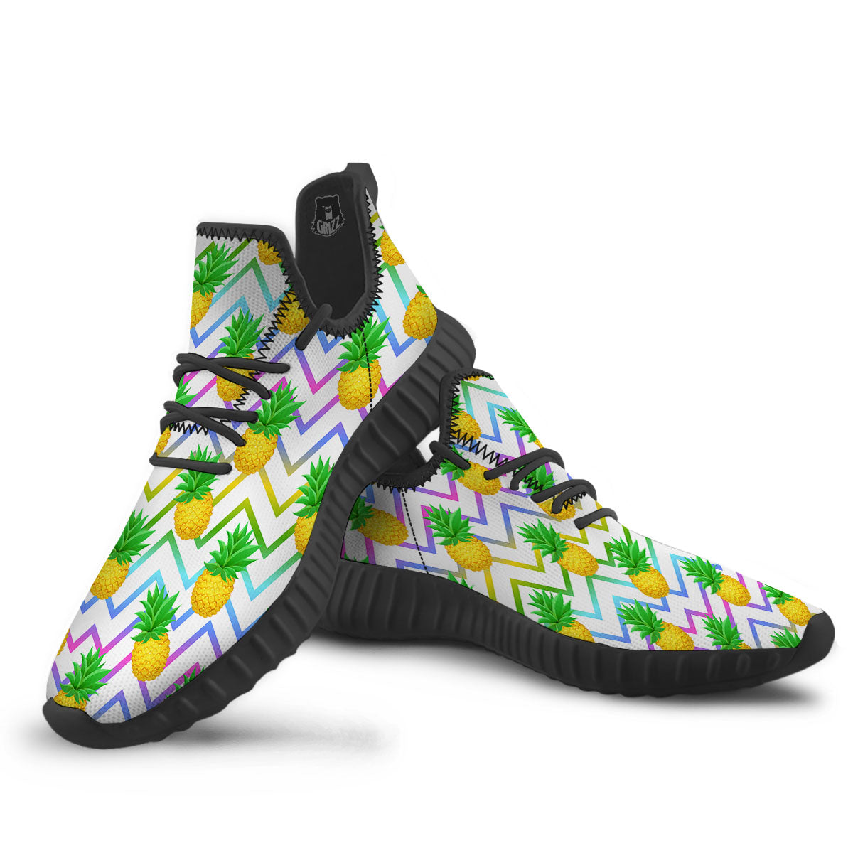 Zig Zag Neon Pineapple Print Pattern Black Walking Shoes-grizzshop