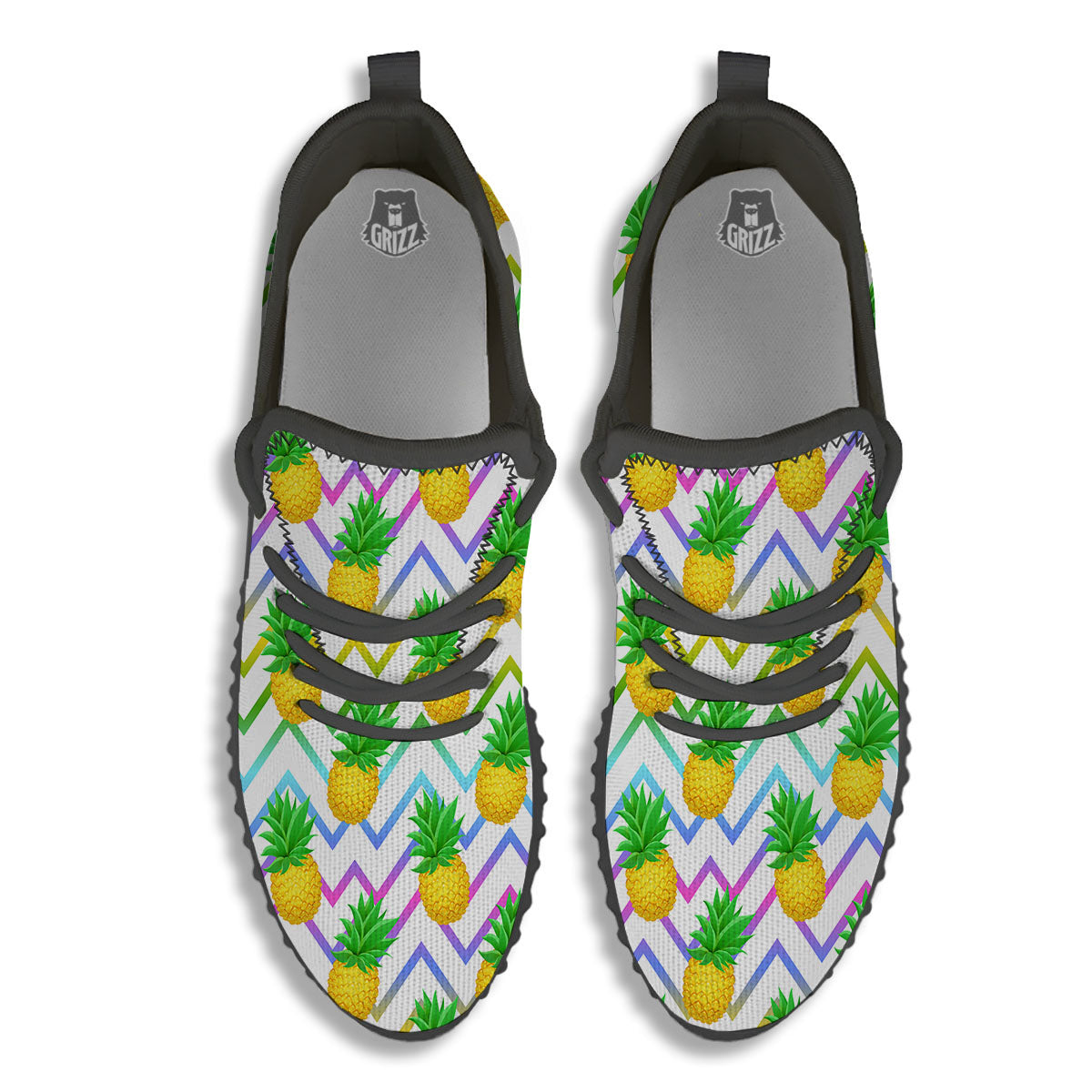 Zig Zag Neon Pineapple Print Pattern Black Walking Shoes-grizzshop