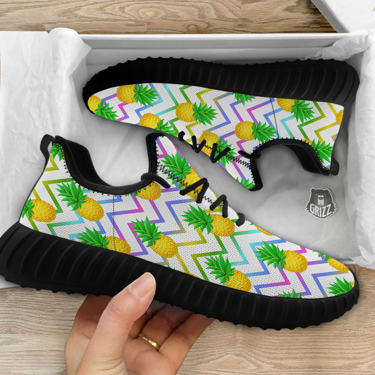 Zig Zag Neon Pineapple Print Pattern Black Walking Shoes-grizzshop