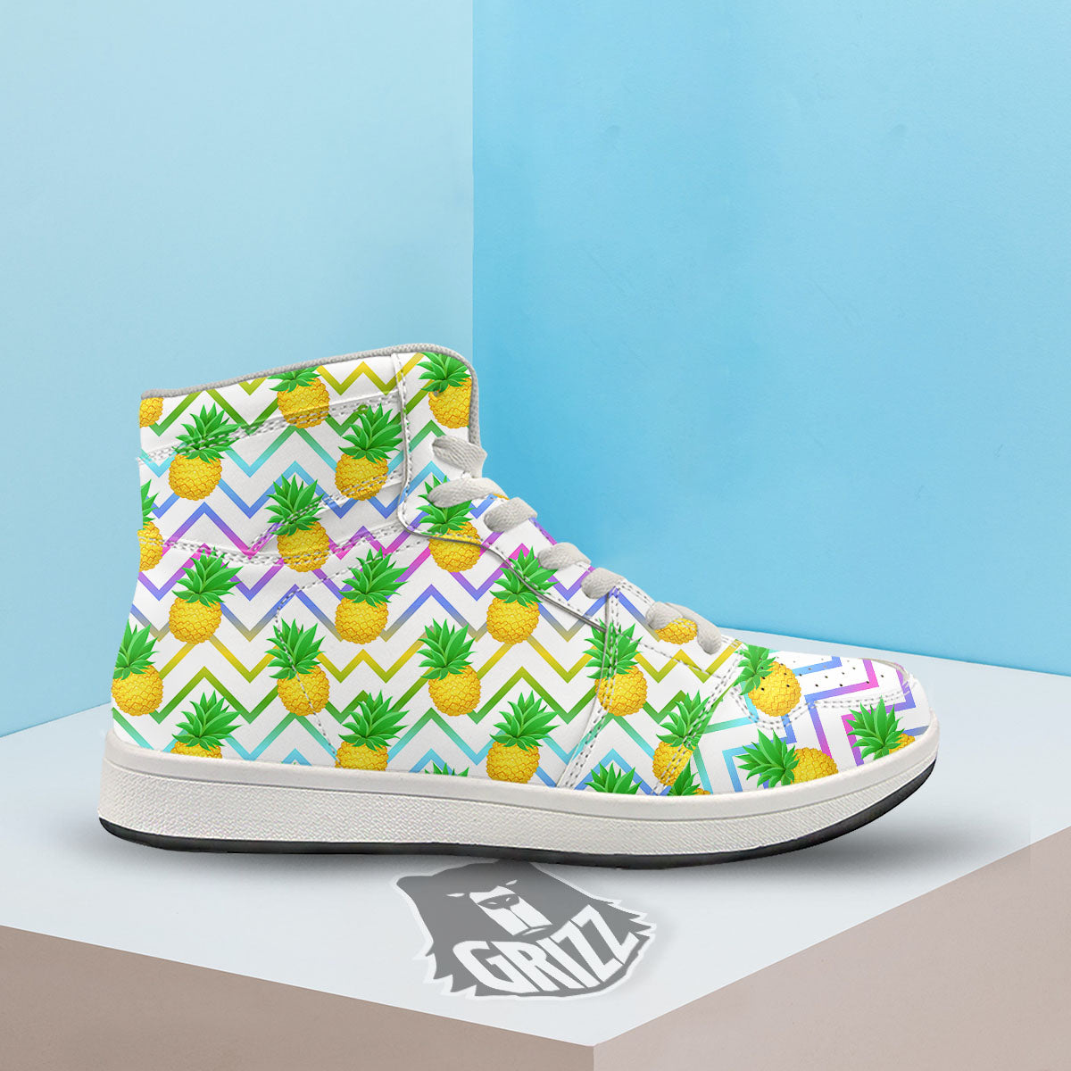 Zig Zag Neon Pineapple Print Pattern High Top Sneakers-grizzshop