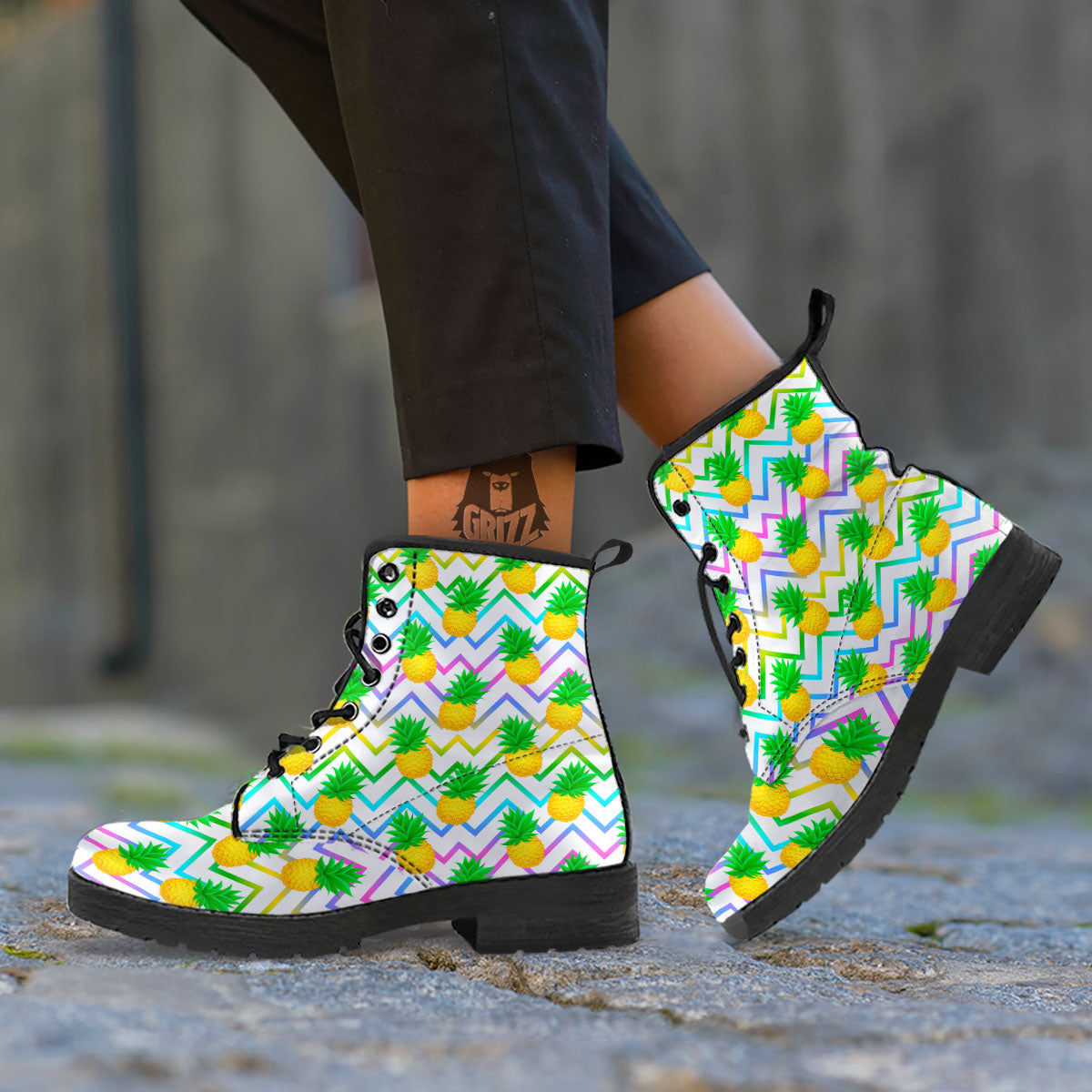 Zig Zag Neon Pineapple Print Pattern Leather Boots-grizzshop