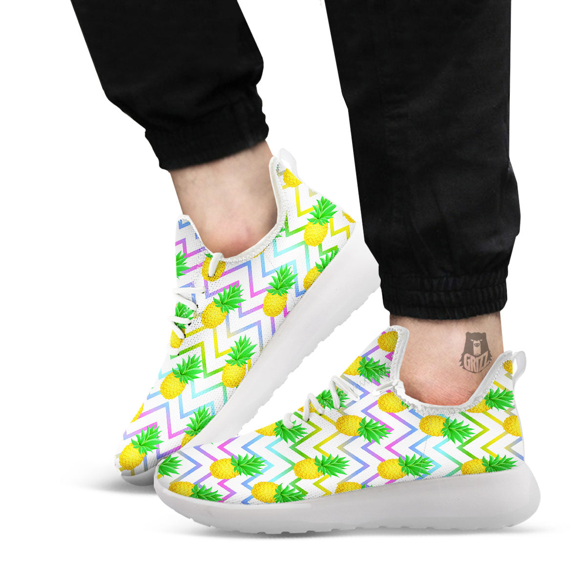 Zig Zag Neon Pineapple Print Pattern White Athletic Shoes-grizzshop