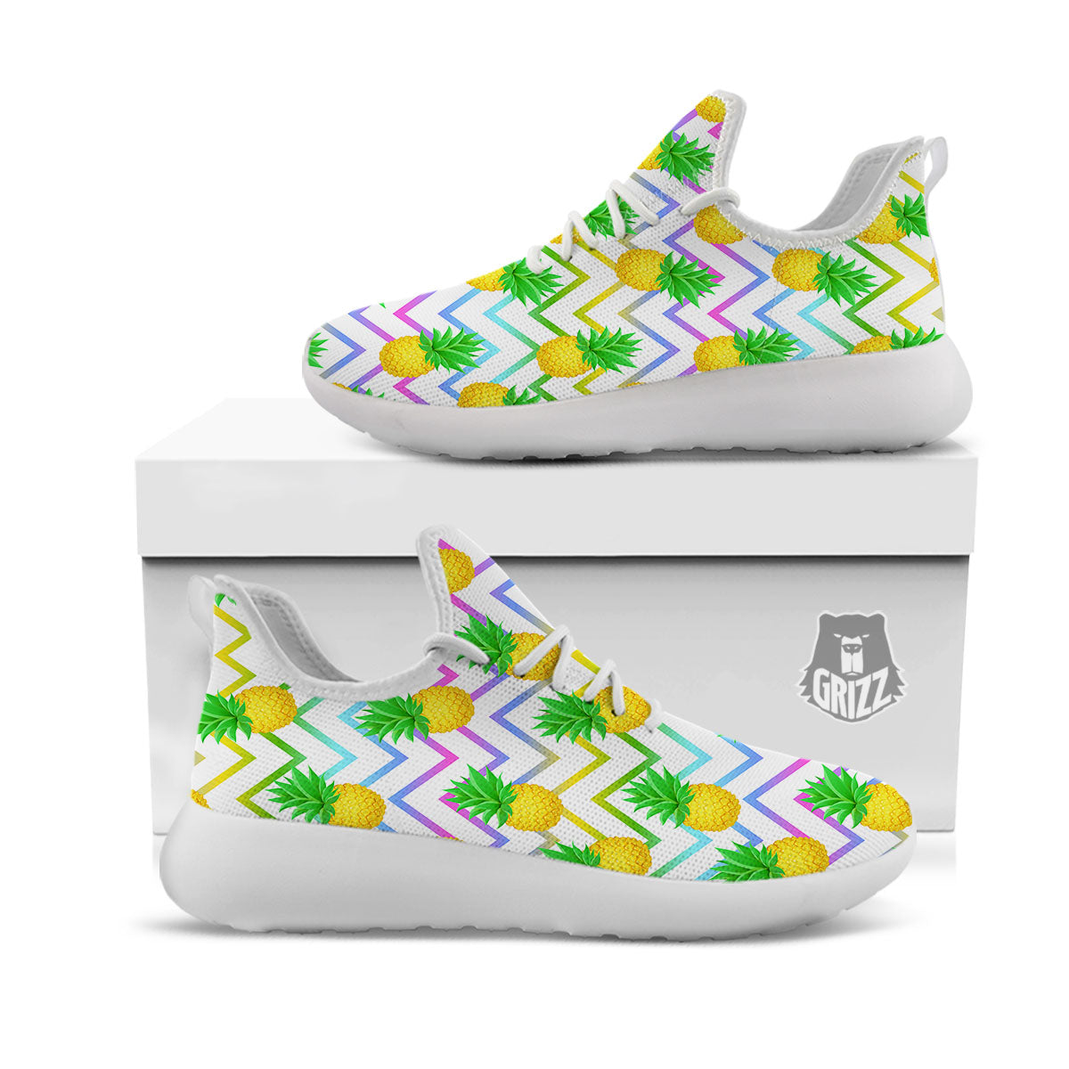 Zig Zag Neon Pineapple Print Pattern White Athletic Shoes-grizzshop