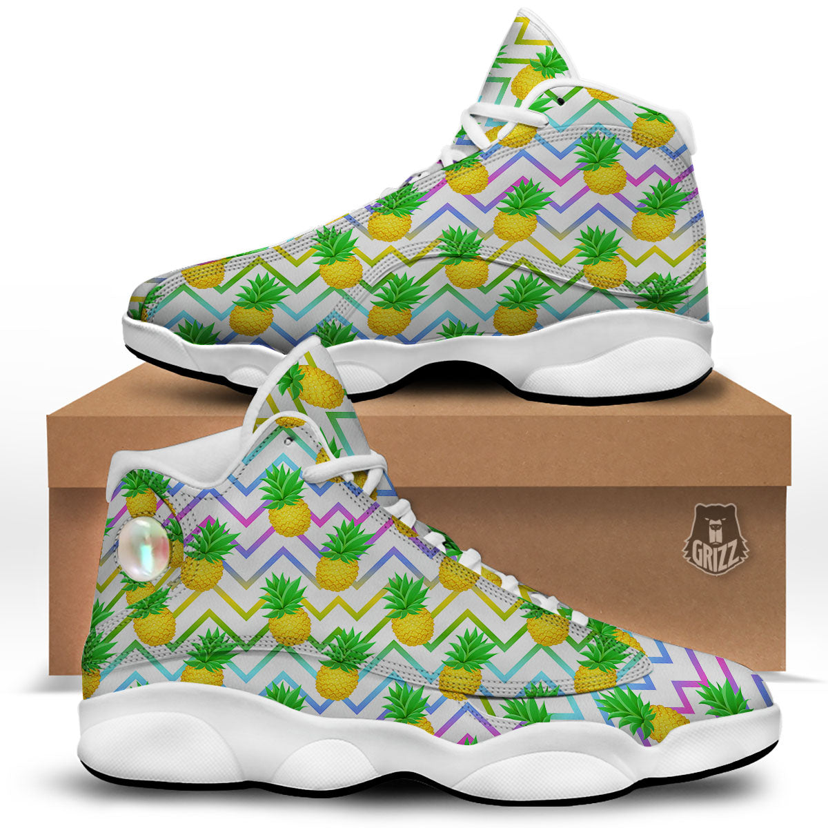 Zig Zag Neon Pineapple Print Pattern White Basketball Shoes-grizzshop
