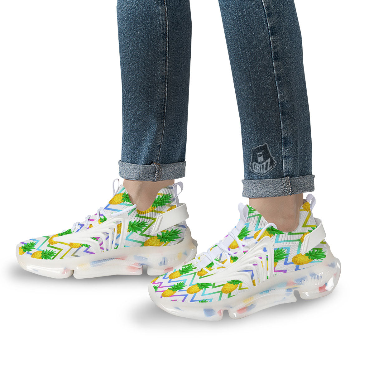 Zig Zag Neon Pineapple Print Pattern White Gym Shoes-grizzshop