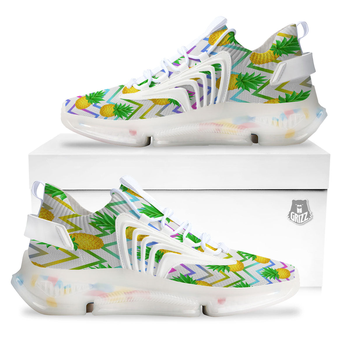 Zig Zag Neon Pineapple Print Pattern White Gym Shoes-grizzshop