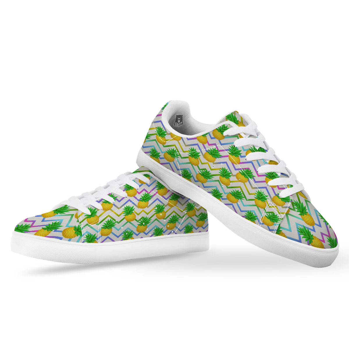 Zig Zag Neon Pineapple Print Pattern White Low Top Sneakers-grizzshop