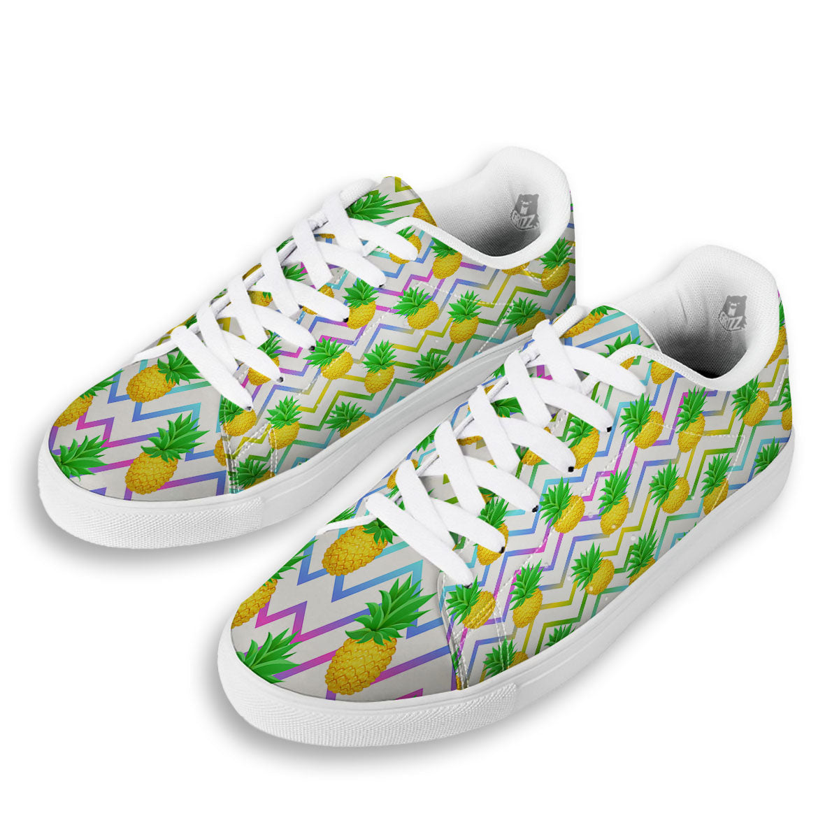 Zig Zag Neon Pineapple Print Pattern White Low Top Sneakers-grizzshop