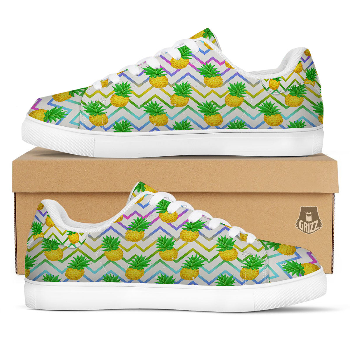 Zig Zag Neon Pineapple Print Pattern White Low Top Sneakers-grizzshop