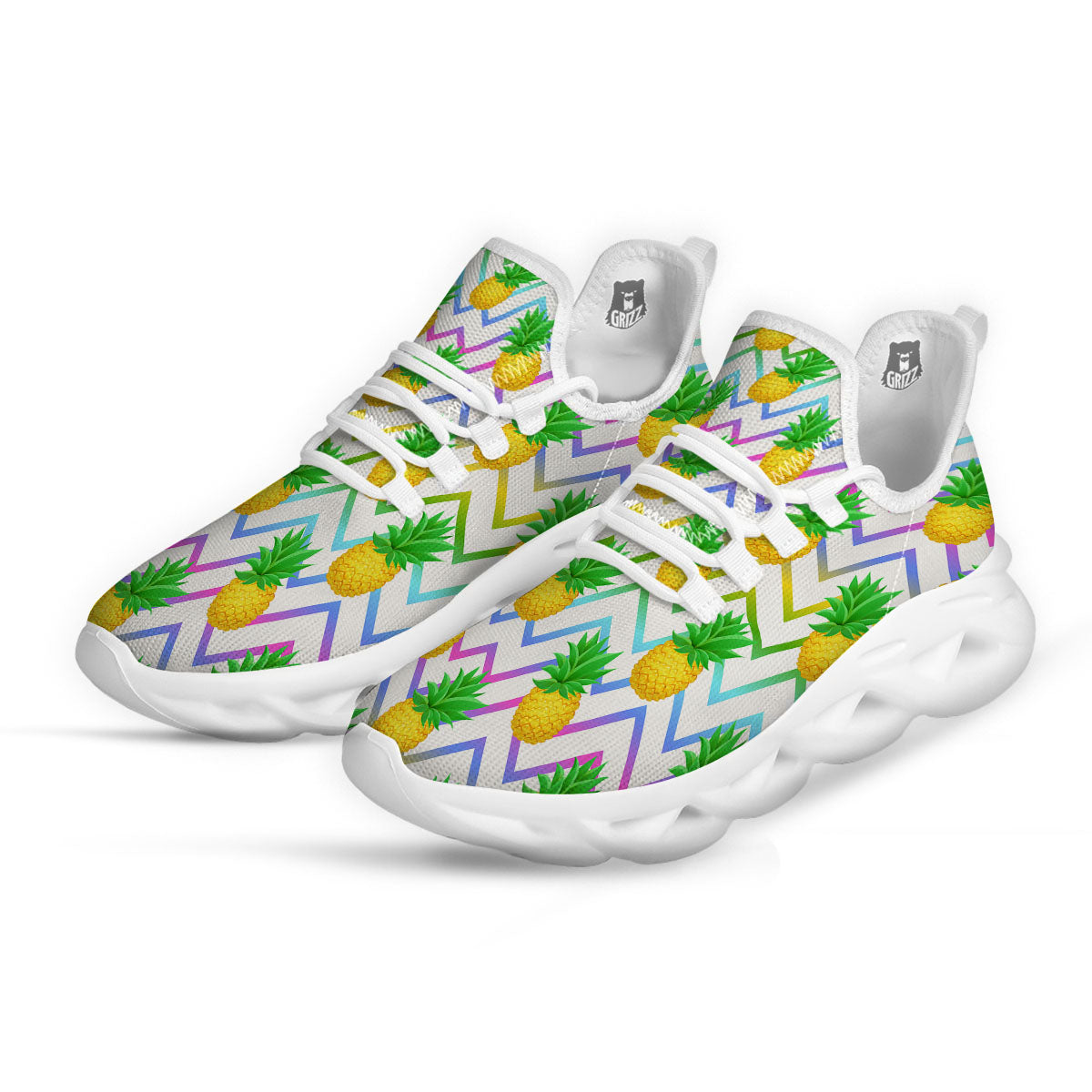 Zig Zag Neon Pineapple Print Pattern White Running Shoes-grizzshop
