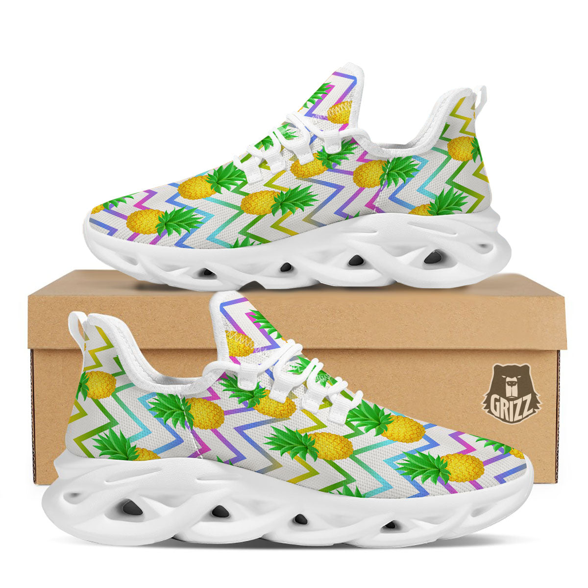 Zig Zag Neon Pineapple Print Pattern White Running Shoes-grizzshop