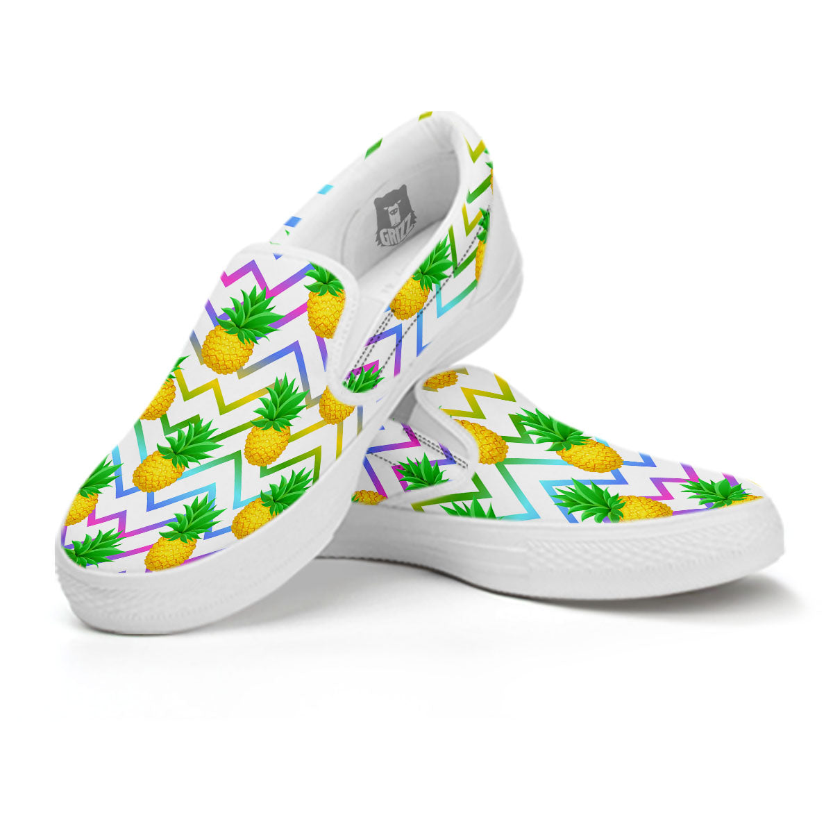 Zig Zag Neon Pineapple Print Pattern White Slip On Shoes-grizzshop