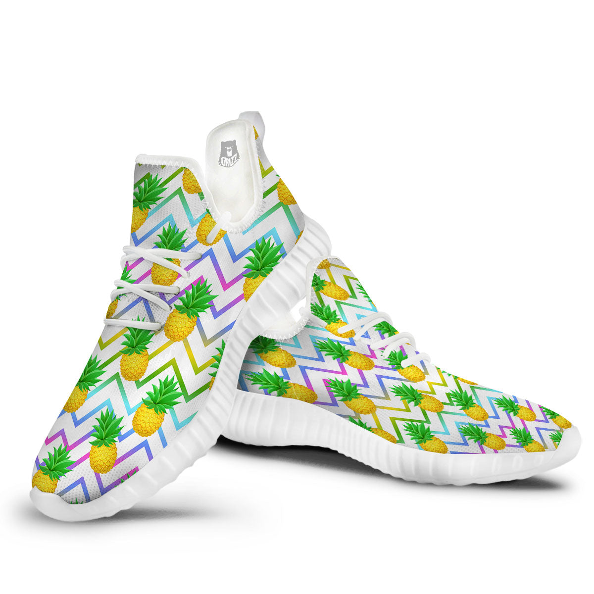 Zig Zag Neon Pineapple Print Pattern White Walking Shoes-grizzshop