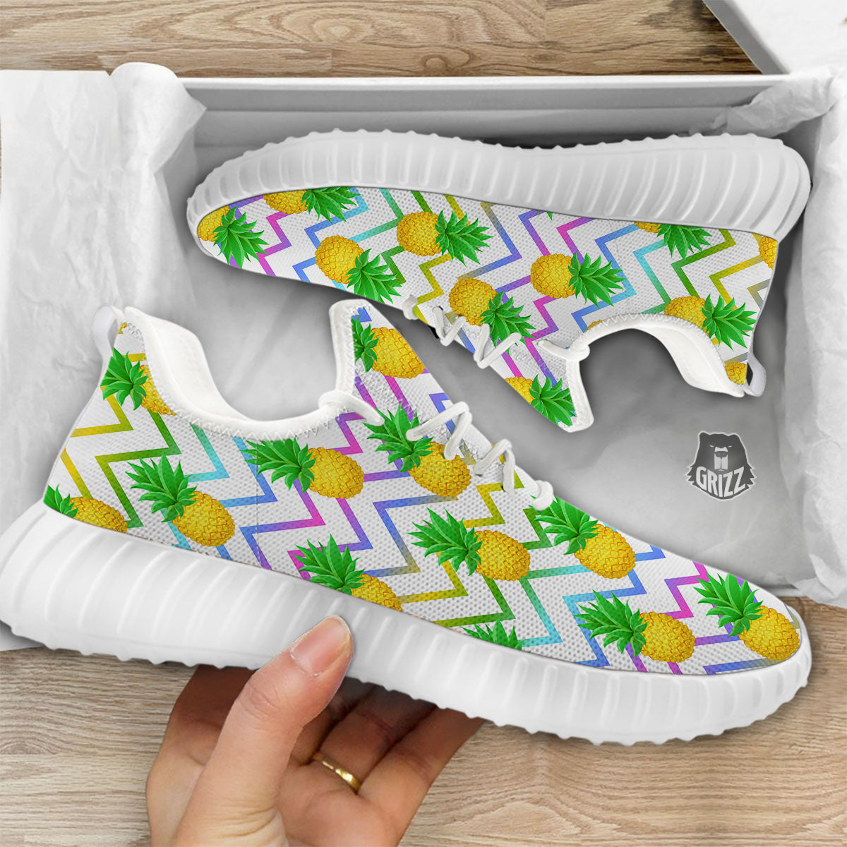 Zig Zag Neon Pineapple Print Pattern White Walking Shoes-grizzshop