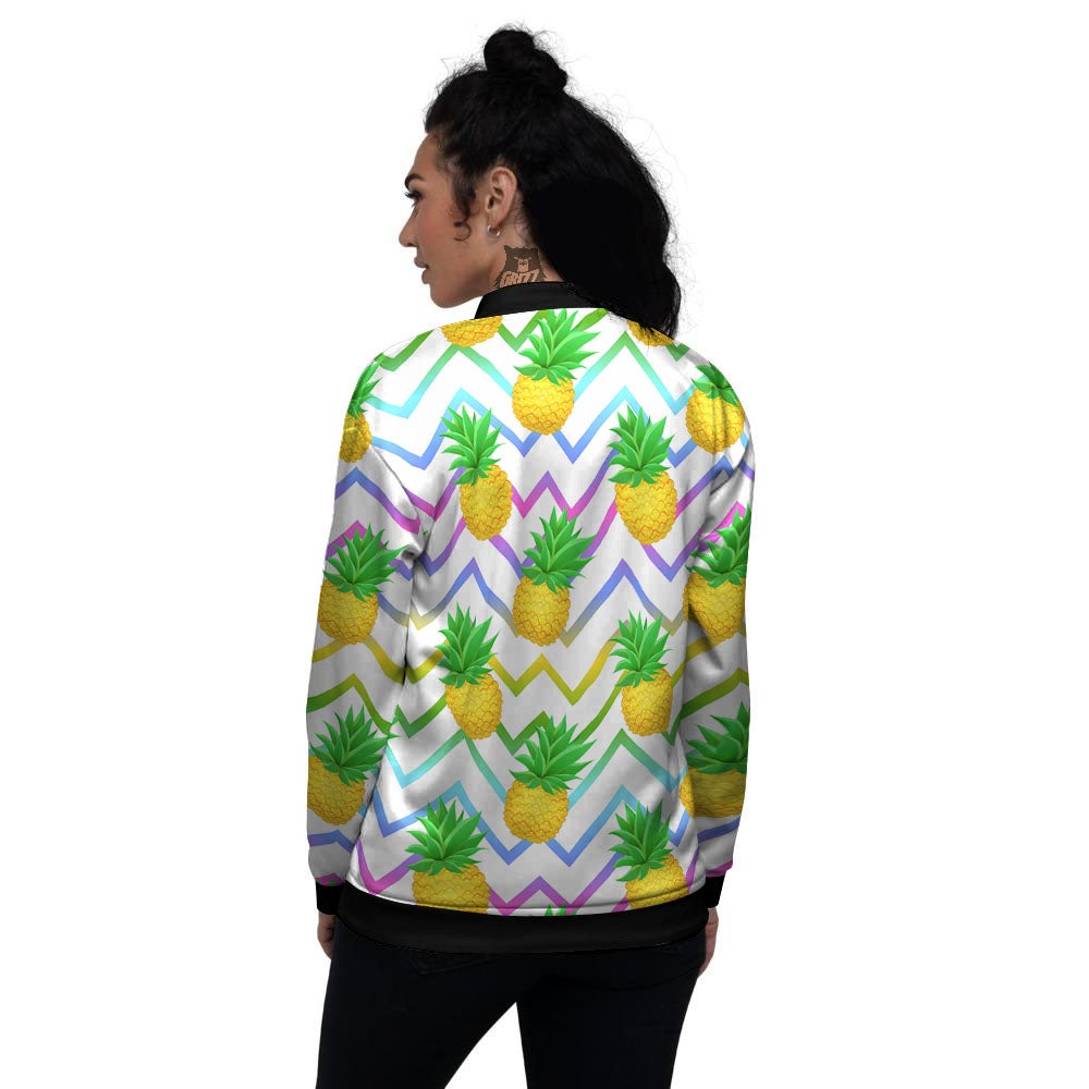 Zig Zag Neon Pineapple Print Pattern Women's Bomber Jacket-grizzshop