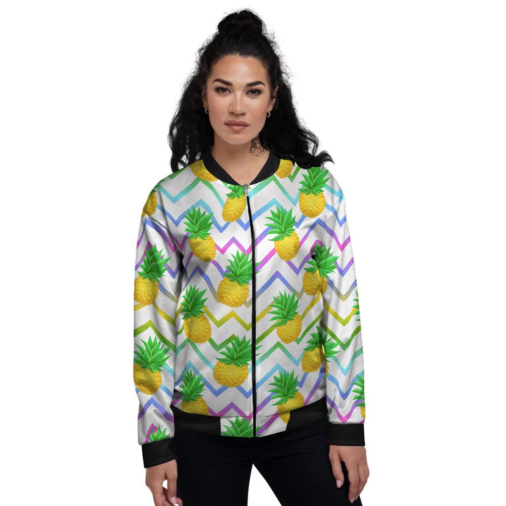 Zig Zag Neon Pineapple Print Pattern Women's Bomber Jacket-grizzshop