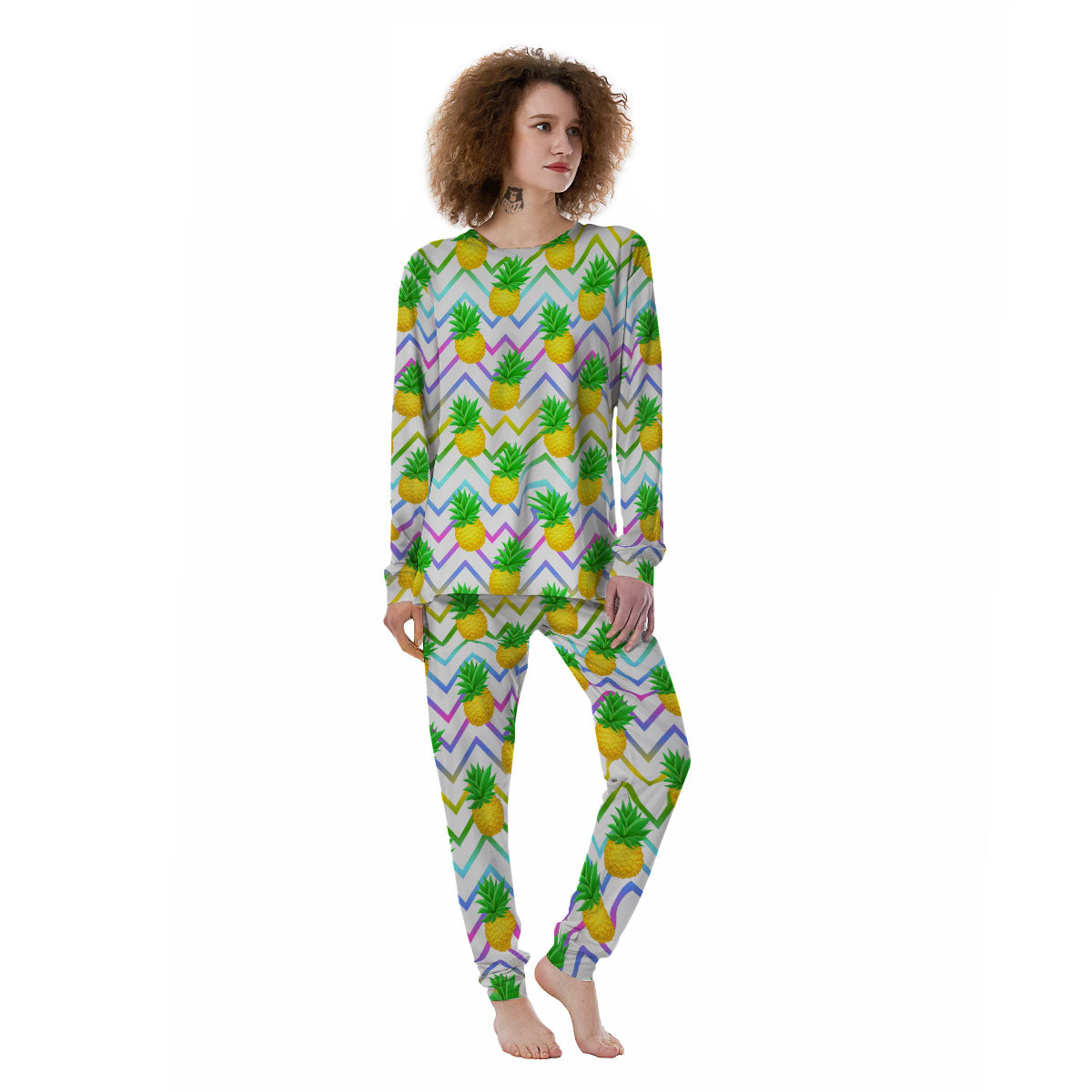 Zig Zag Neon Pineapple Print Pattern Women's Pajamas-grizzshop
